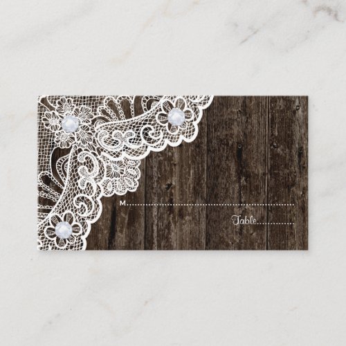 Vintage white lace on old wood wedding place card business cards