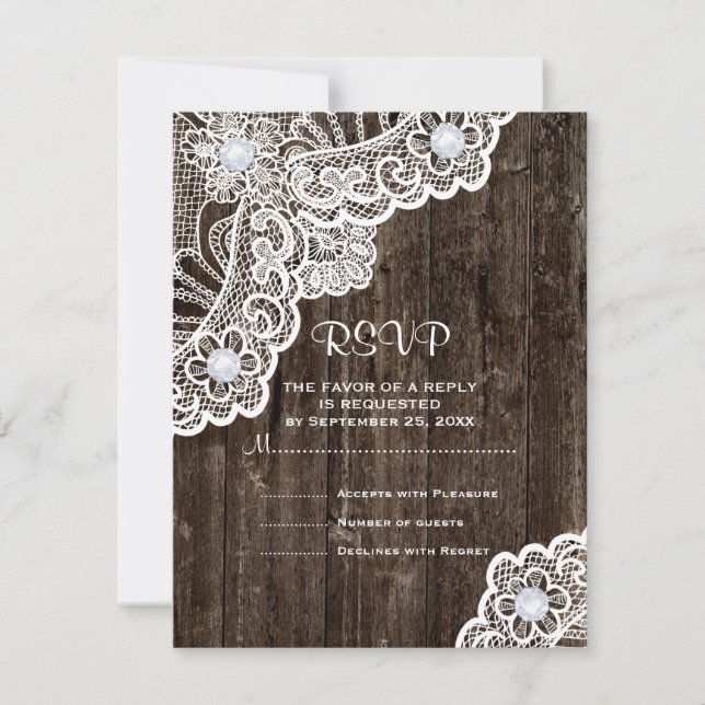 Vintage white lace on old wood wedding RSVP (Front)