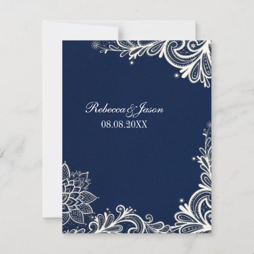 vintage white lace pattern navy blue wedding invitation
