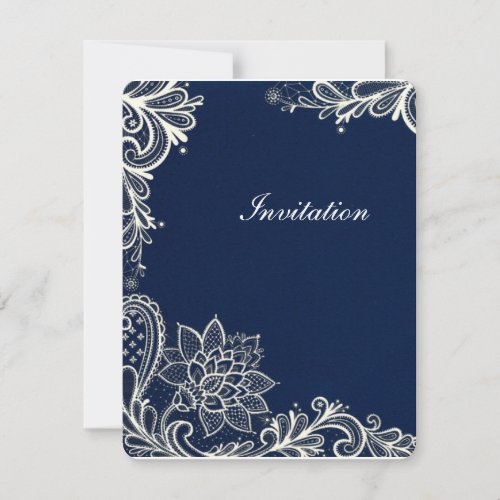 vintage white lace pattern navy blue wedding invitation