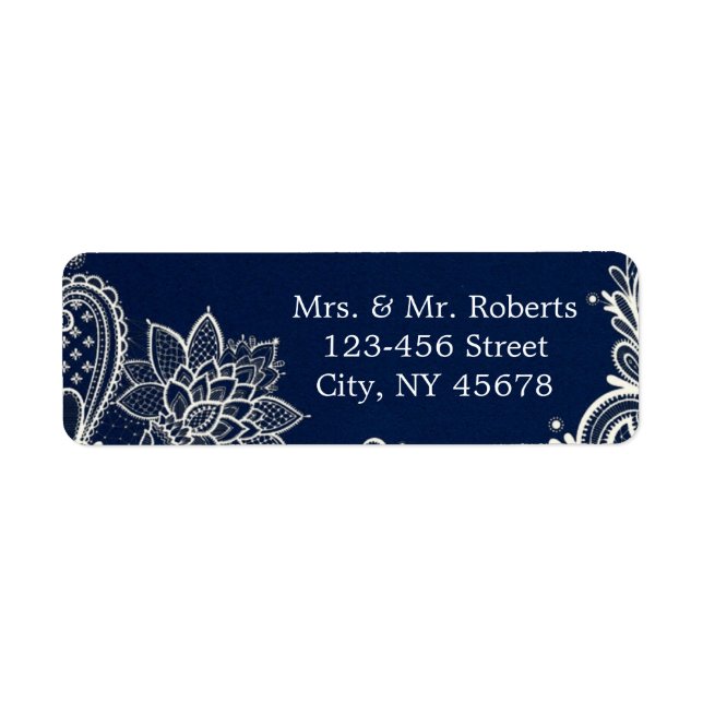 vintage white lace pattern navy blue wedding label (Front)