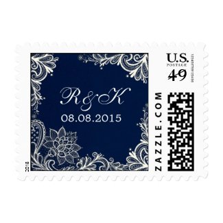 vintage white lace pattern navy blue wedding postage stamps
