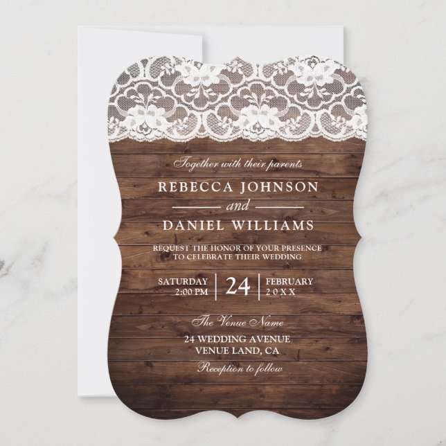 Vintage White Lace Rustic Wood Wedding Invitation (Front)