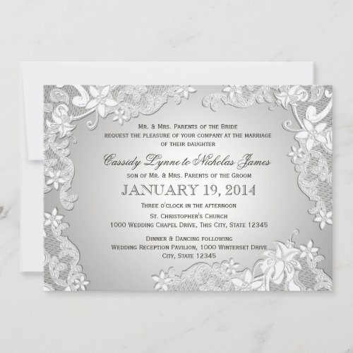 Vintage White Lace Silver Wedding Invitation