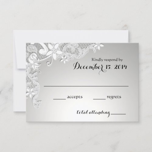 Vintage White Lace Wedding Reply Silver RSVP Card