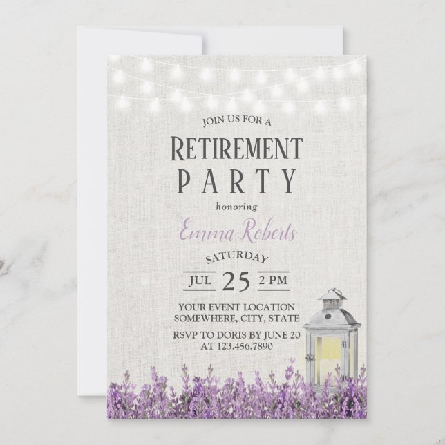 Vintage White Lantern Lavender Floral Retirement Invitation (Front)