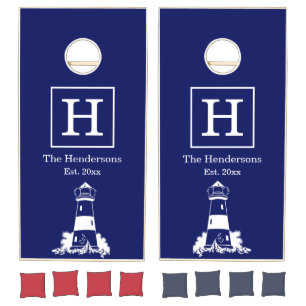 Vintage White Lighthouse Drawing Cornhole Set