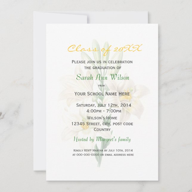 Vintage white lily flower graduation party invitation (Front)