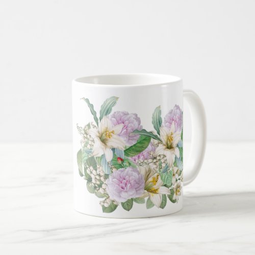 Vintage White Lily Pink Rose Bouquet Coffee Mug