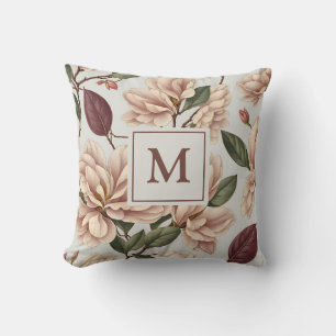 Vintage White Magnolia Blossom Flora Monogram Throw Pillow