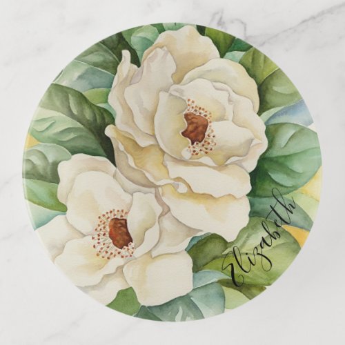 Vintage White Magnolia Floral Watercolor Add Name Trinket Tray