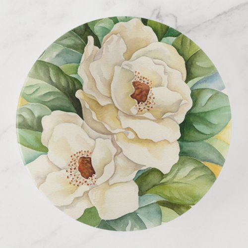 Vintage White Magnolia Floral Watercolor Round Trinket Tray