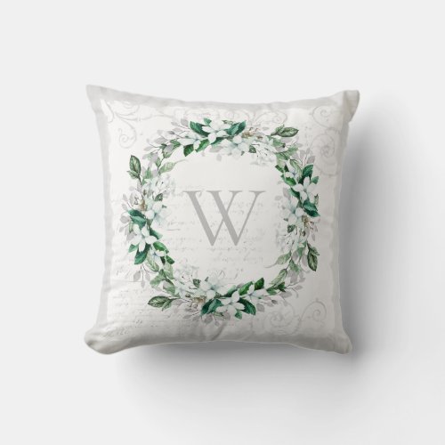 Vintage White Magnolia Floral Wreath Monogram Throw Pillow