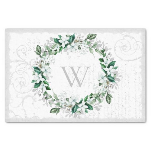 Vintage White Magnolia Floral Wreath Monogram Tissue Paper