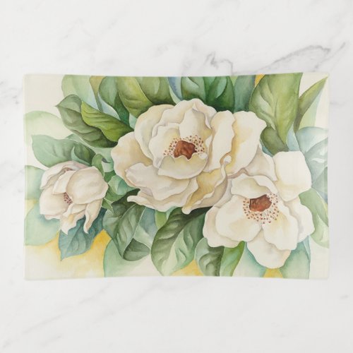 Vintage White Magnolia Flowers Watercolor Floral Trinket Tray