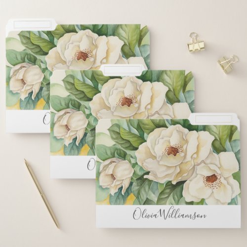 Vintage White Magnolia Name Floral Watercolor File Folder