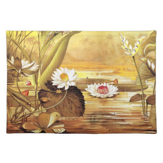 Vintage White Nymphaea Lotus Water Lily Flowers Cloth Placemat