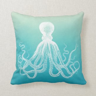 Vintage White Octopus Aqua Blue Ombre Watercolor Throw Pillow