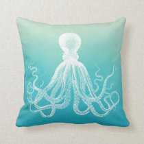 Vintage White Octopus Aqua Blue Ombre Watercolor Throw Pillow