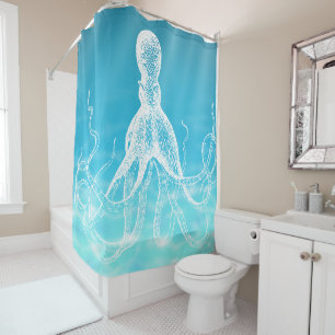 Vintage White Octopus Illustration Ocean Water Shower Curtain