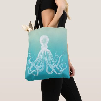 Vintage White Octopus Watercolor Aqua Blue Ombre Tote Bag by UrHomeNeeds at Zazzle