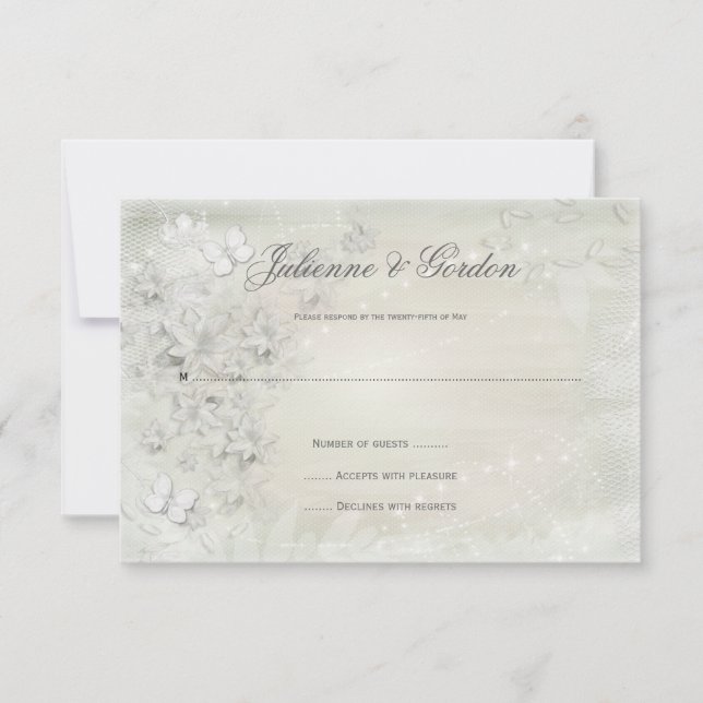 Vintage White on White Floral Grunge RSVP (Front)
