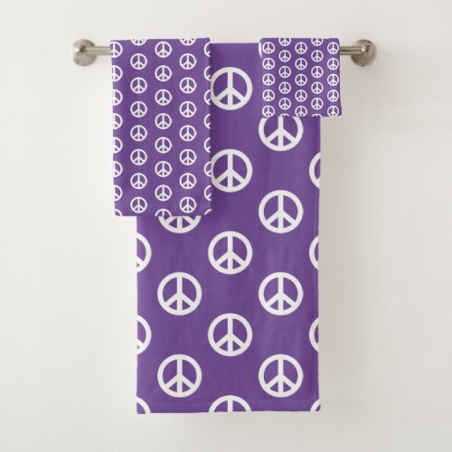 Vintage White Peace Symbols on Bright Purple Bath Towel Set