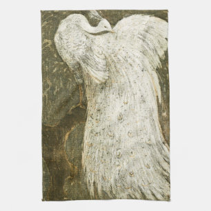 Vintage white peacock illustration kitchen towel