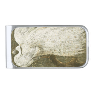Vintage white peacock illustration silver finish money clip