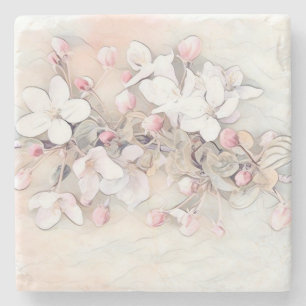 Vintage white pink cherry blossom drawing minimal stone coaster