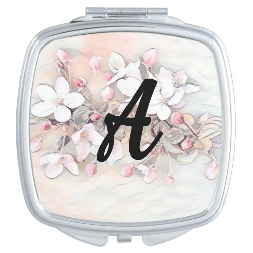 Vintage white pink cherry blossom drawing Monogram Compact Mirror
