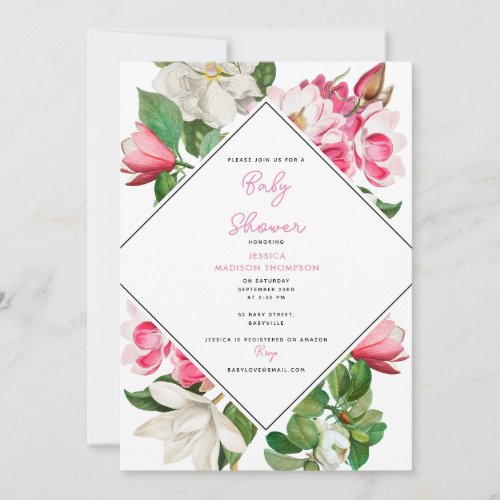 Vintage White  Pink Magnolia Flowers Baby Shower Invitation