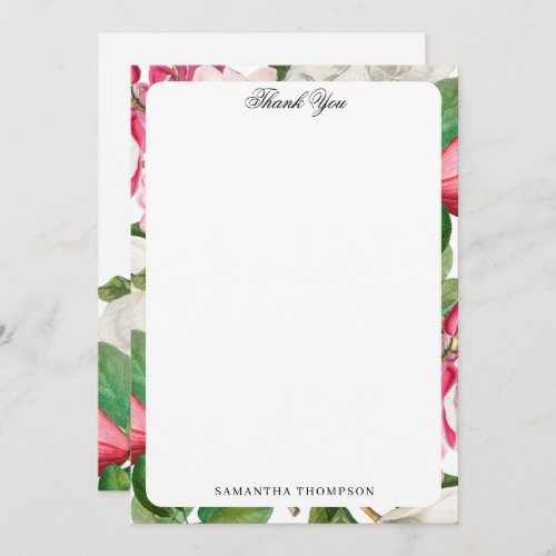 Vintage White  Pink Magnolia Flowers Custom Name Thank You Card