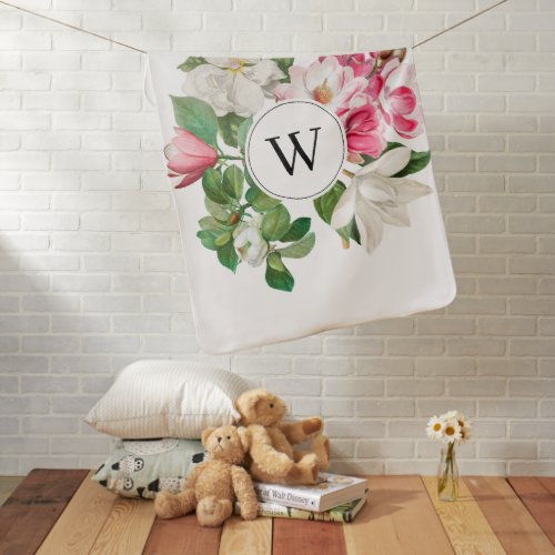 Vintage White  Pink Magnolia Flowers Monogram Baby Blanket