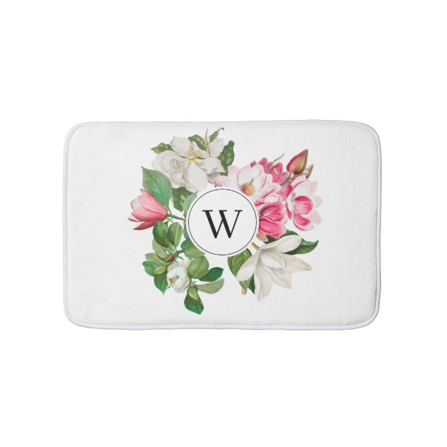 Vintage White & Pink Magnolia Flowers Monogram Bath Mat (Front)
