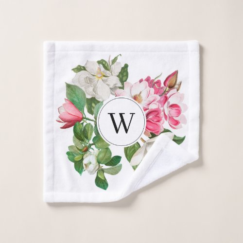 Vintage White  Pink Magnolia Flowers Monogram Bath Towel Set