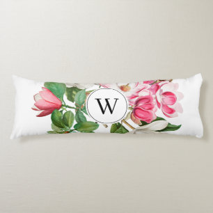 Vintage White & Pink Magnolia Flowers Monogram Body Pillow