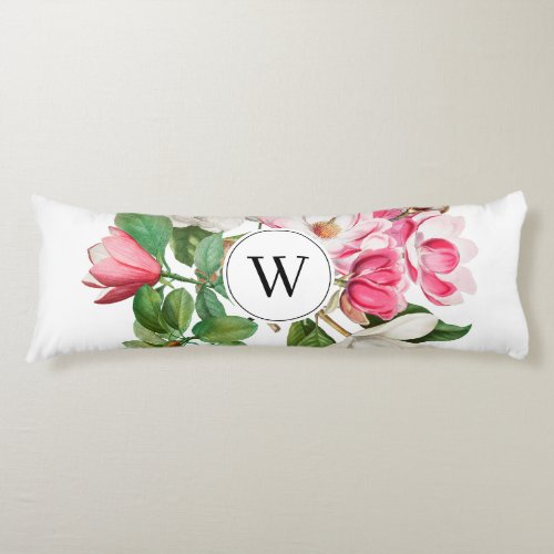Vintage White  Pink Magnolia Flowers Monogram Body Pillow