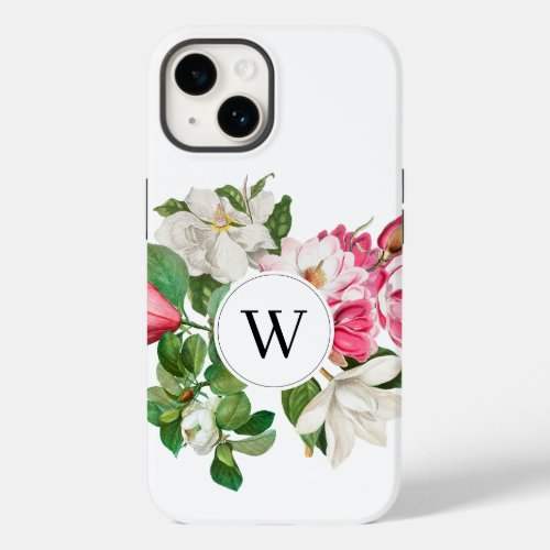 Vintage White  Pink Magnolia Flowers Monogram Case_Mate iPhone 14 Case