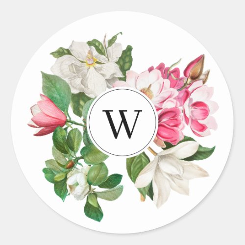 Vintage White  Pink Magnolia Flowers Monogram Classic Round Sticker