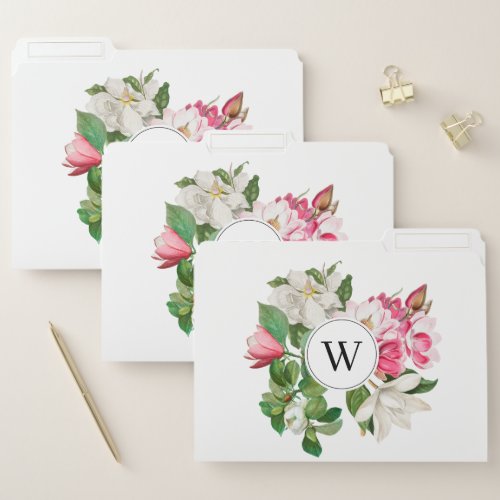 Vintage White  Pink Magnolia Flowers Monogram File Folder