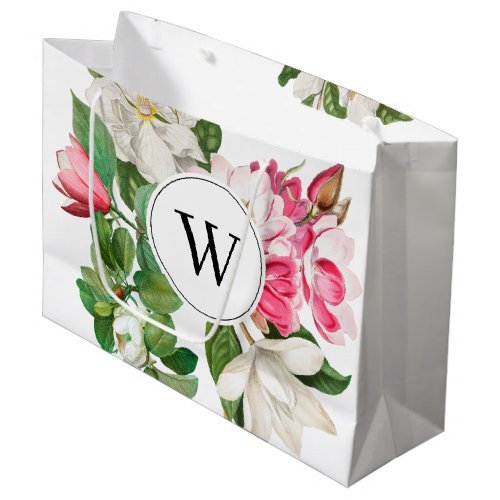 Vintage White  Pink Magnolia Flowers Monogram Large Gift Bag