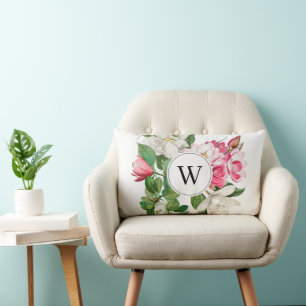 Vintage White & Pink Magnolia Flowers Monogram Lumbar Pillow