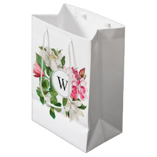 Vintage White & Pink Magnolia Flowers Monogram Medium Gift Bag