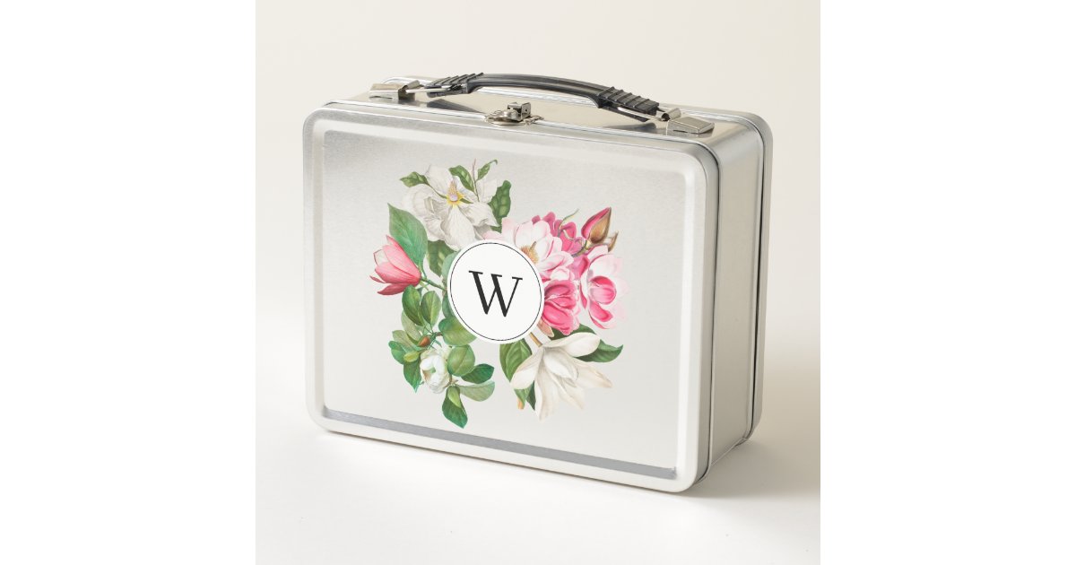 Vintage White & Pink Magnolia Flowers Monogram Metal Lunch Box