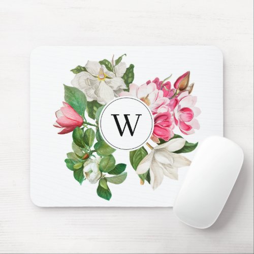 Vintage White  Pink Magnolia Flowers Monogram Mouse Pad