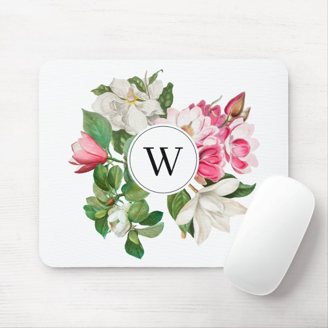 Vintage White & Pink Magnolia Flowers Monogram Mouse Pad (With Mouse)
