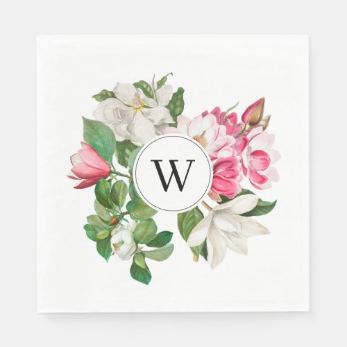 Vintage White  Pink Magnolia Flowers Monogram Napkins