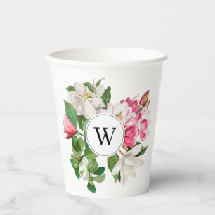 Vintage White & Pink Magnolia Flowers Monogram Paper Cups