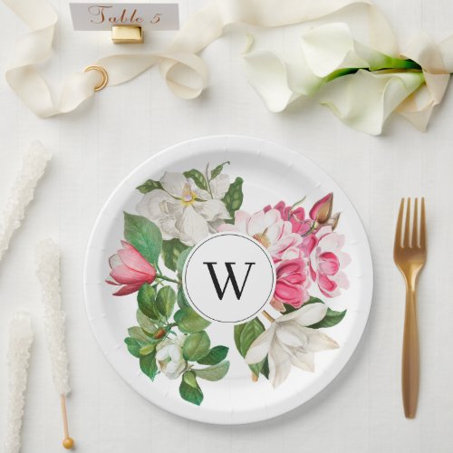 Vintage White  Pink Magnolia Flowers Monogram Paper Plates